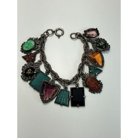 Vintage ArtDeco Czech Carved Art Glass Charm Bracelet Multicolor Circa 30s Rare - Picture 13 of 13